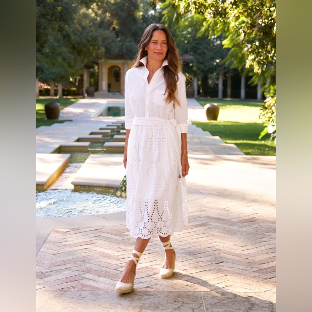 Frank & Eileen Grace Eyelet Lace Midi Dress Long Sleeve Shirtdress White Medium